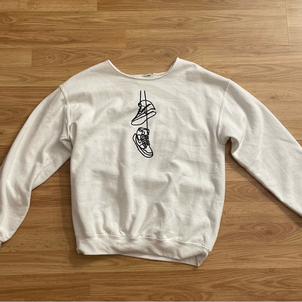 white and black shoe off the shoulder sweatshirt medium